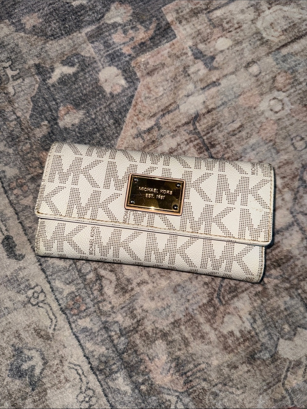 Michael Kors Cream MK Logo Continental Wallet with Gold Plaque